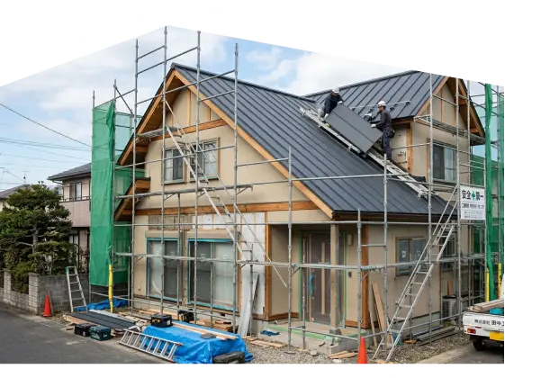 足場が組まれた住宅の施工現場